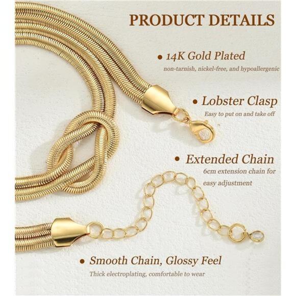 Gold Herringbone Necklaces for Women, 14K Gold Plated Simple Choker - Picture 3 of 6